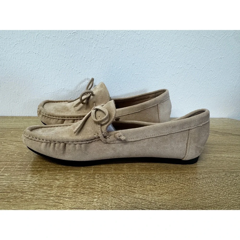 Sand Faux Suede Driving Moccasin Loafers Car Shoes Bow Slip On Flats NIB Sz 8